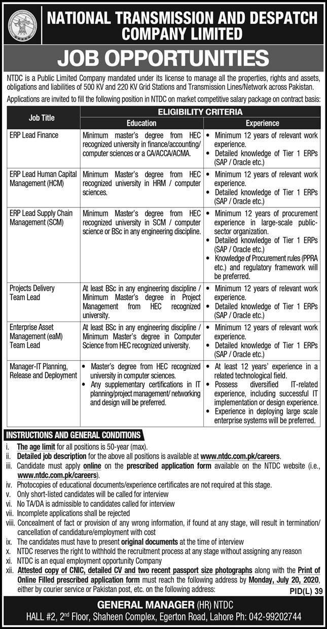 Latest Jobs in National Transmission & Despatch Company
