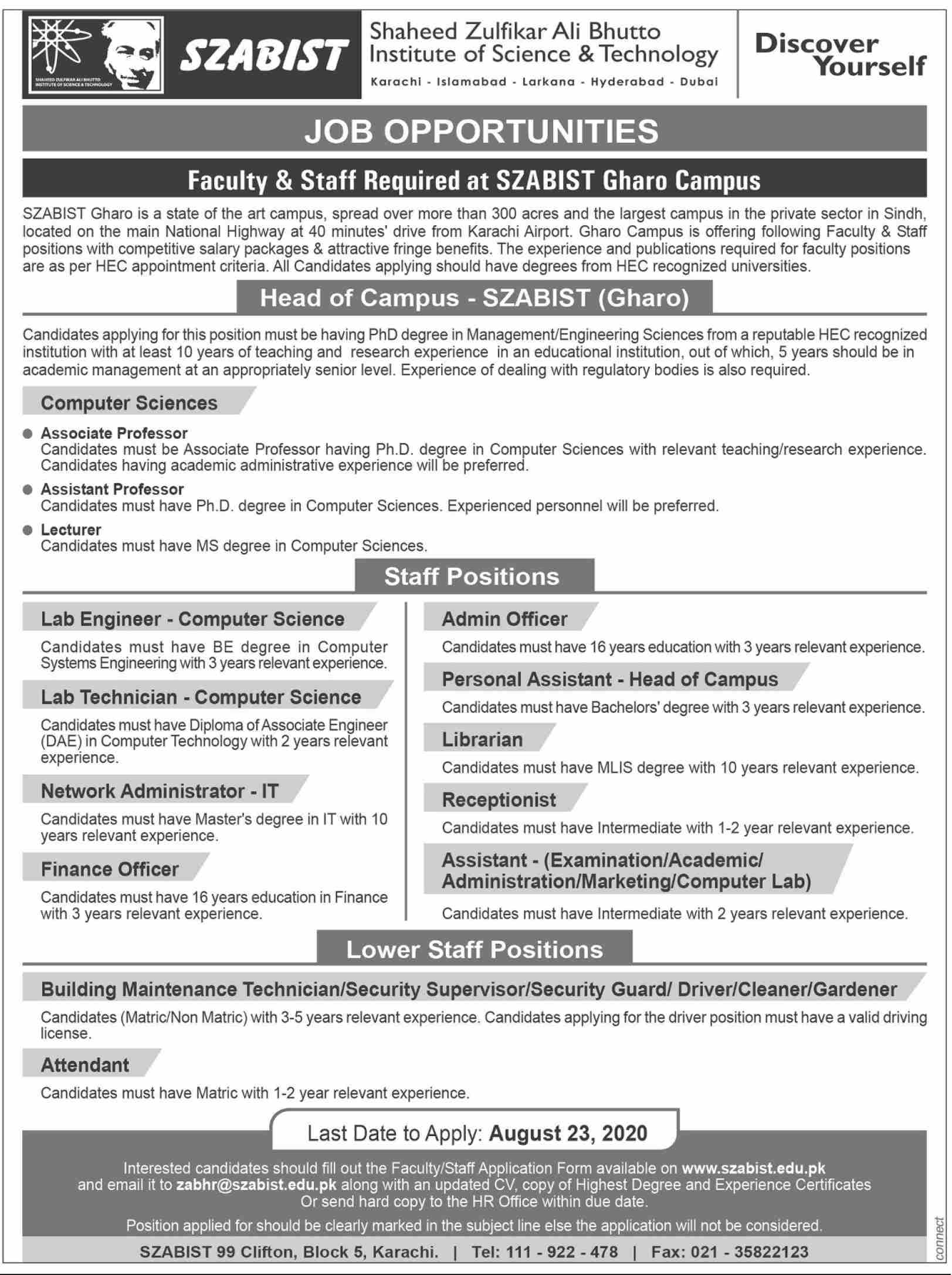 Jobs in Karachi SZABIST Gharo Campus
