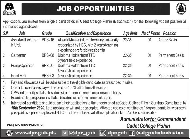 cadet college pishin balochistan jobs