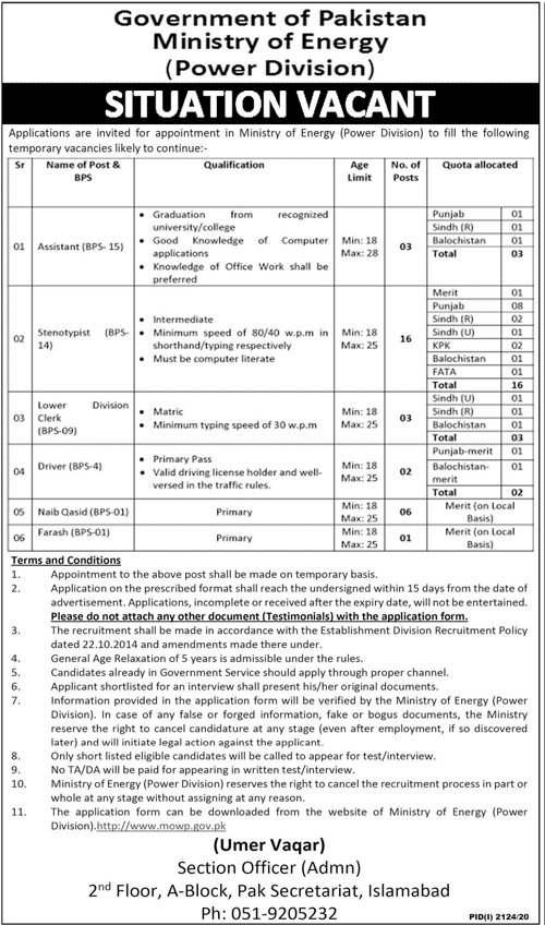 Government Jobs Ministry of Energy Islamabad