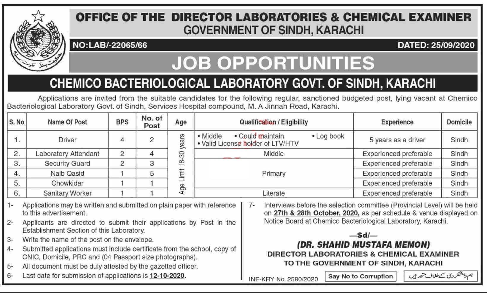 Jobs in Karachi Director Laboratories and Chemical Examiner