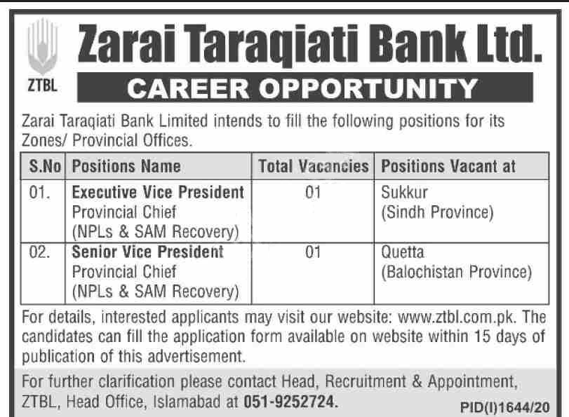 Zarai Taraqiati Bank Ltd Jobs 2020 Latest