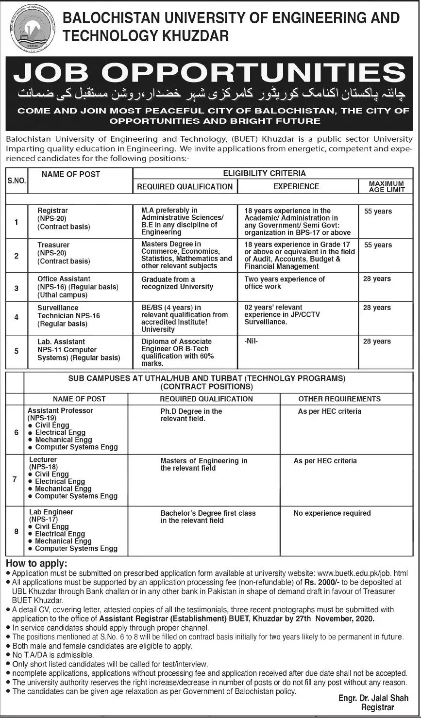 Jobs in Balochistan University of Engineering & Technology