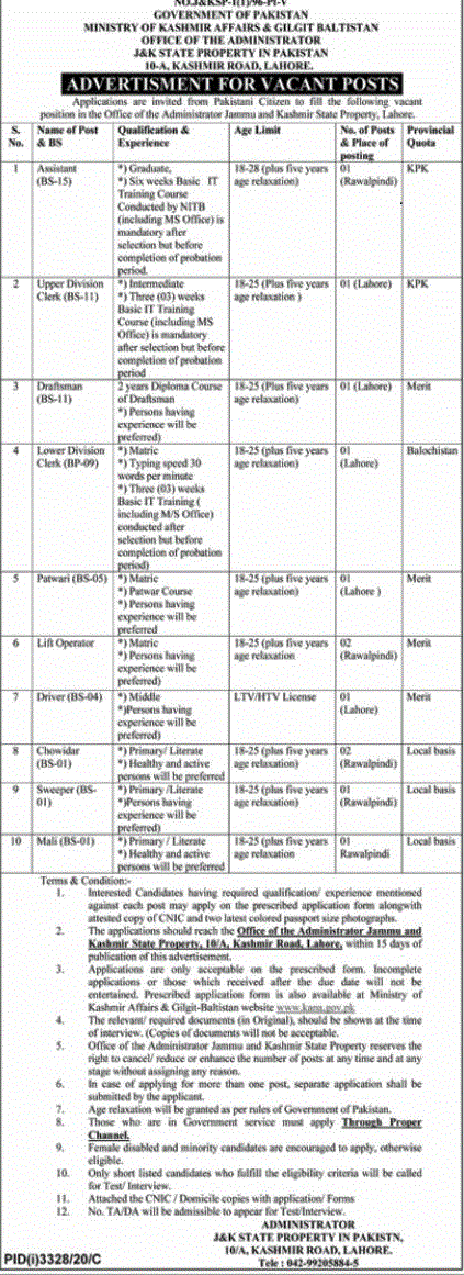 Government of Pakistan Jobs in Ministry of Kashmir Affairs 