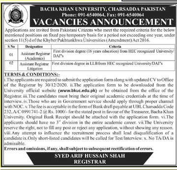 Jobs in KPK Bacha Khan University Charsadda 