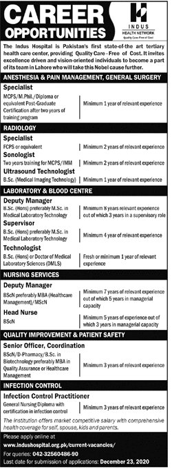 Latest Jobs in Lahore The Indus Hospital
