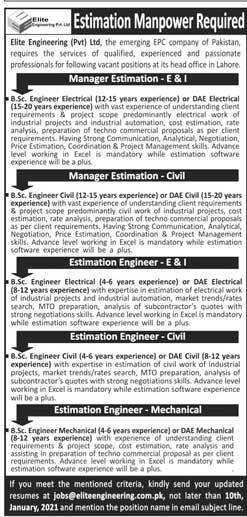 Today Jobs in Lahore Elite Engineering Private Ltd
