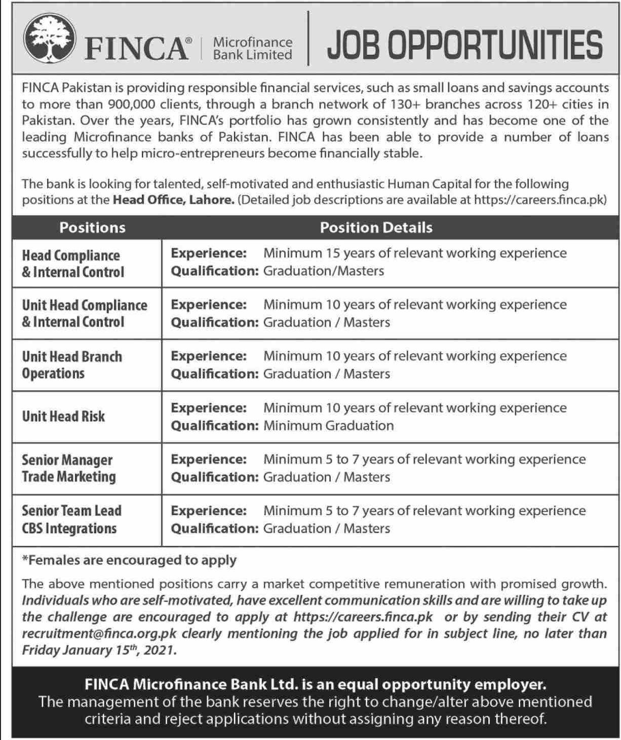 Banking Jobs in FINCA Microfinance Bank Limited