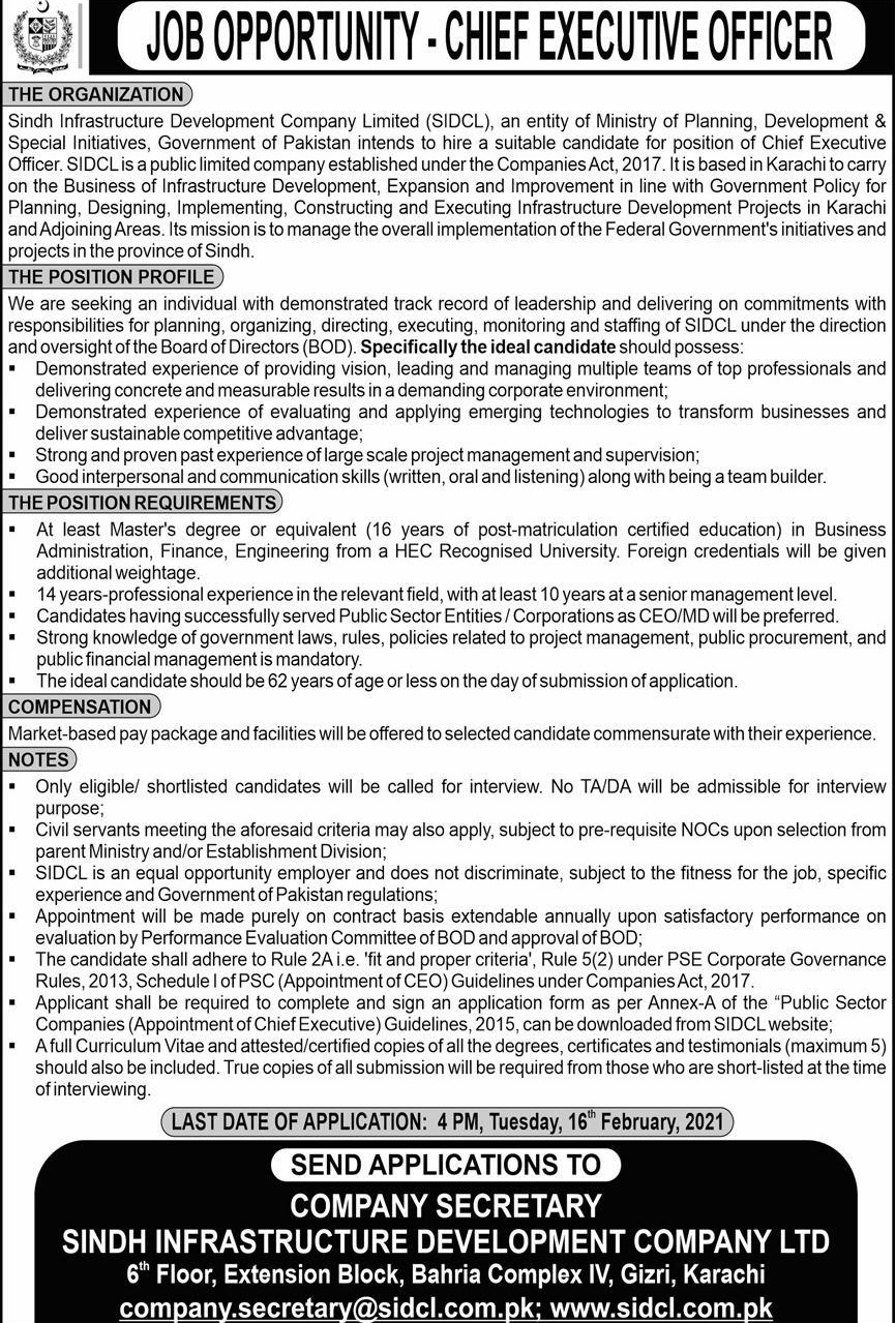 CEO Jobs in SIDCL Sindh Infrastructure Development Company