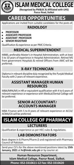 IMC Jobs in Islam Medical College Sialkot 