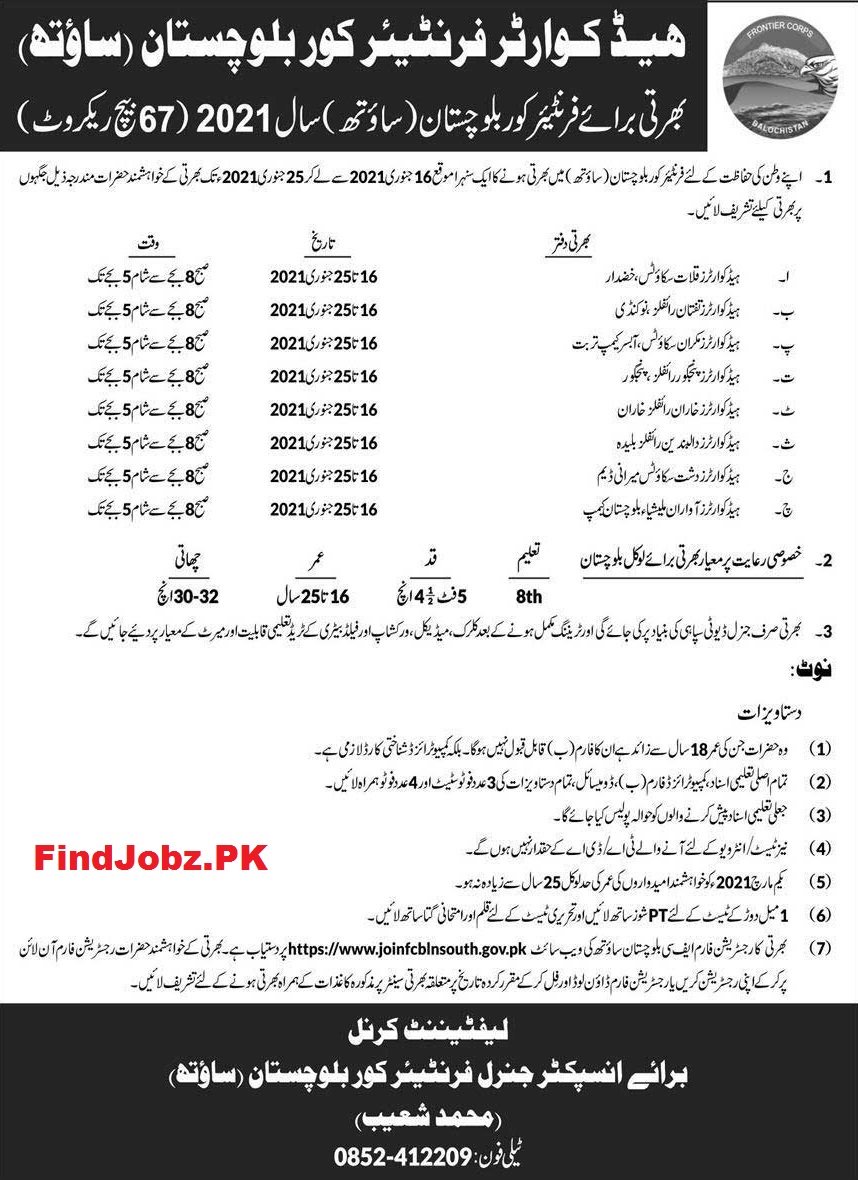 Join FC Jobs in Frontier Corps Balochistan (South)