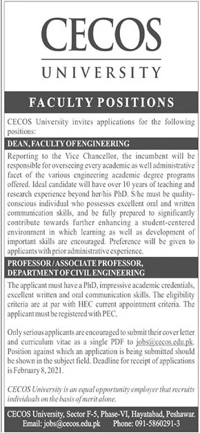 CECOS University Jobs in Peshawar