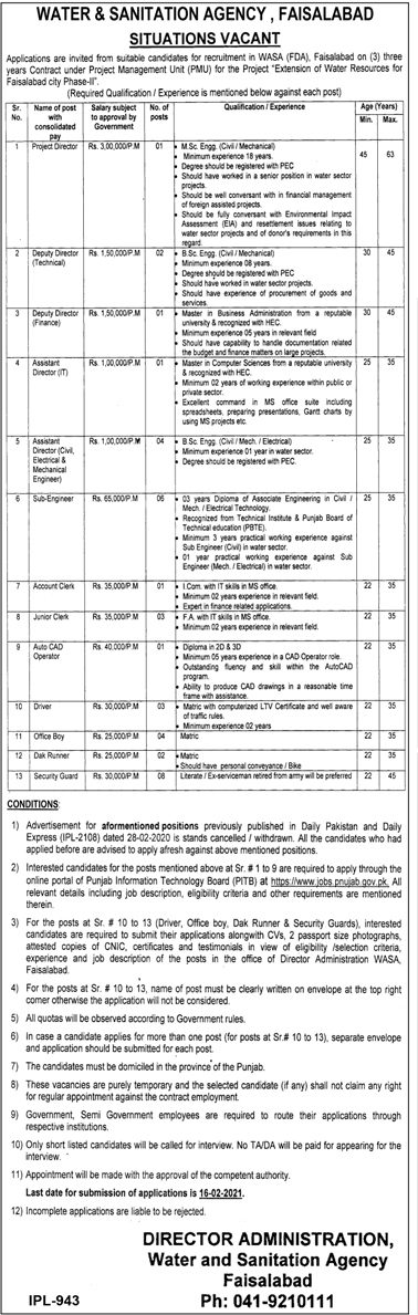 Water and Sanitation Agency Jobs in Faisalabad 2021