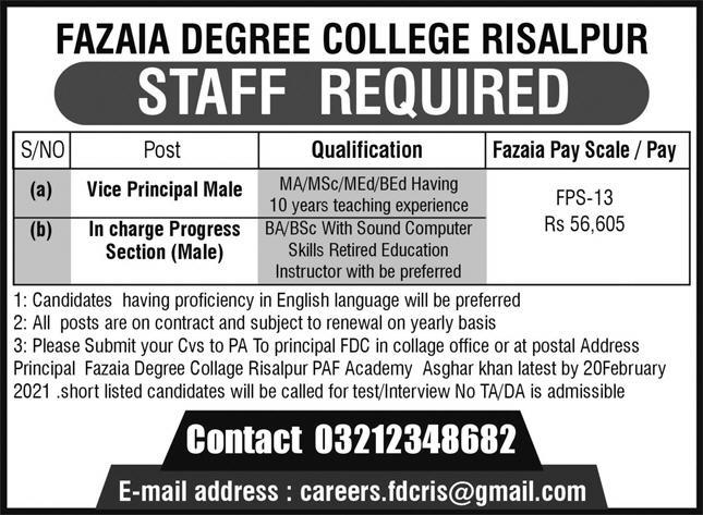 Fazaia Degree College Risalpur Jobs