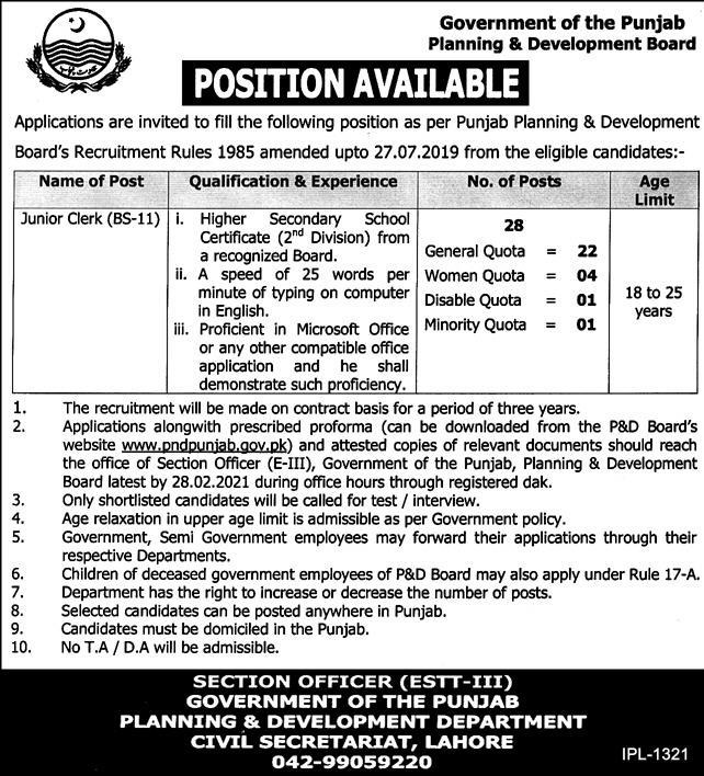 Planning & Development Department Latest Jobs in Punjab