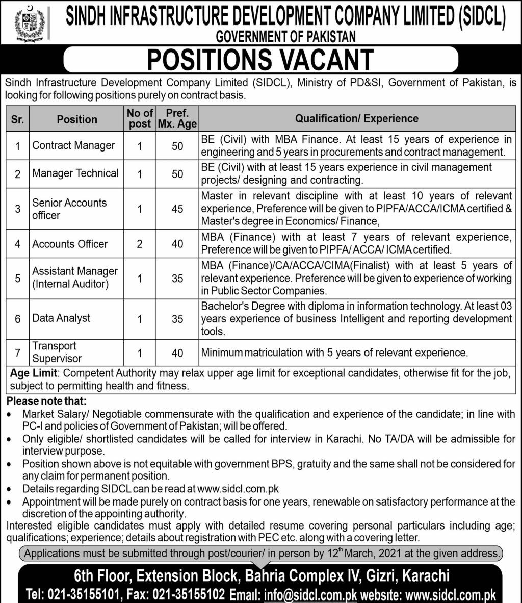 Jobs in Sindh Infrastructure Development Company (SIDCL)