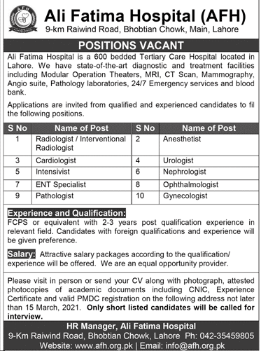 Al Fatima Hospital Lahore Jobs 2021