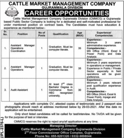 Gujranwala Jobs in Cattle Market Management Company
