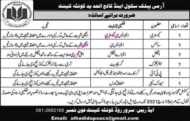 Army Public School Quetta Cantt Jobs