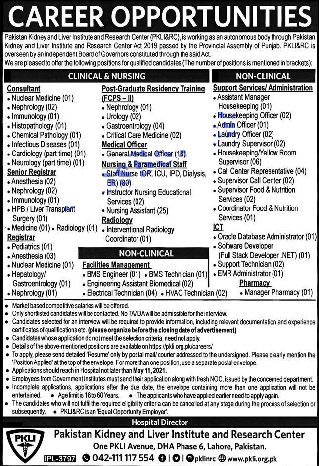 PKLI Jobs 2021 Pakistan Kidney & Liver Institute