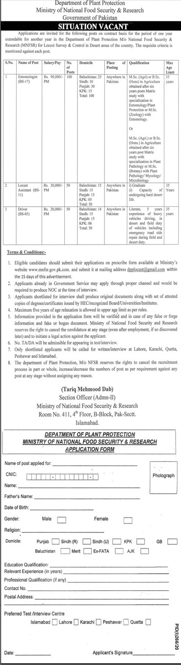 Govt Jobs in Ministry of National Food Security & Research