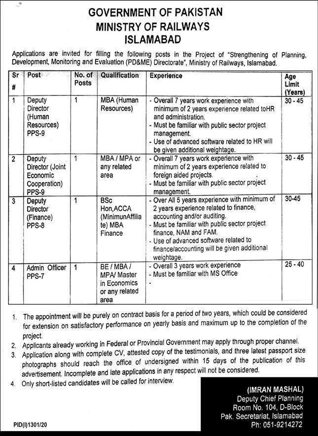 Latest Govt Jobs in Ministry of Railways Islamabad