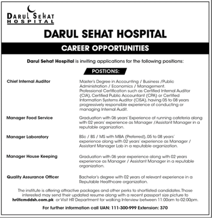 Urgent Darul Sehat Hospital Jobs in Karachi
