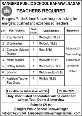 Rangers Public School Bahawalnagar Jobs 2020