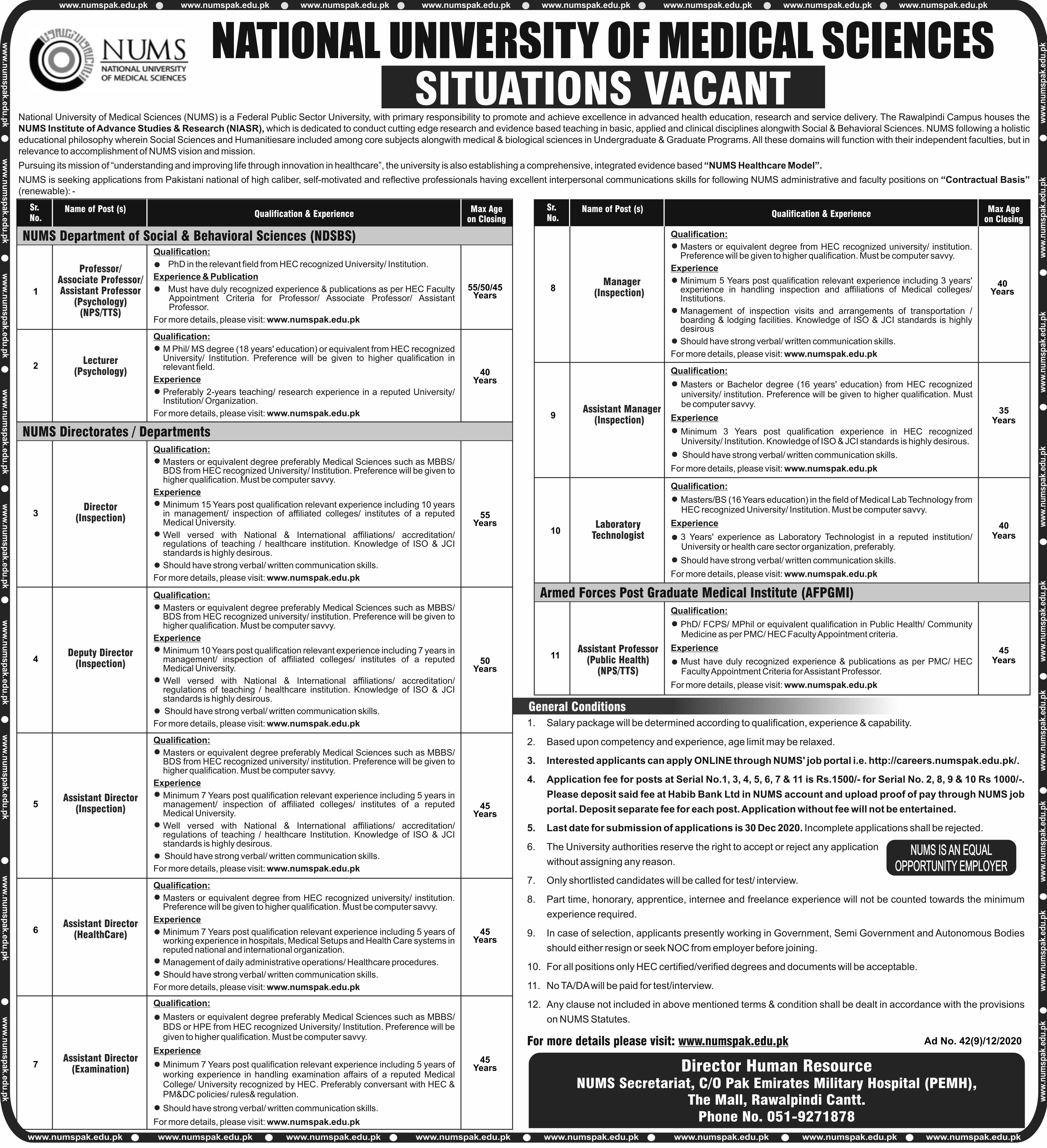 NUMS Jobs in National University of Medical sciences