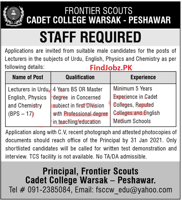FSCCW Jobs in Peshawar Frontier Scouts Cadet College