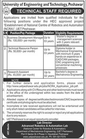 UET Peshawar Jobs 2021 Latest for Technical Staff Required