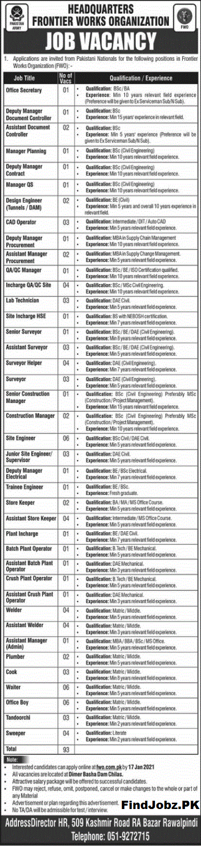 FWO Jobs in Rawalpindi Frontier Works Organization