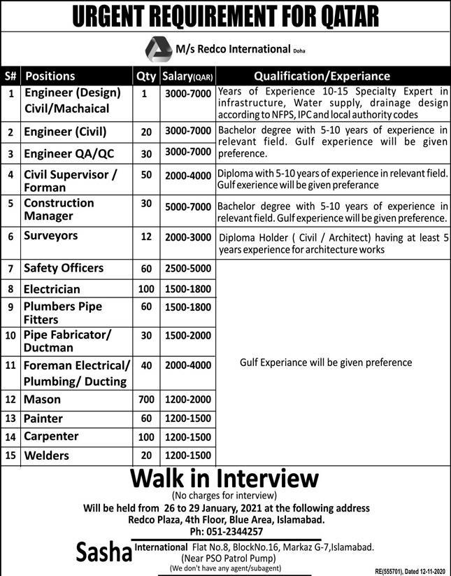 Jobs in Qatar for Pakistani at M/s Redco International