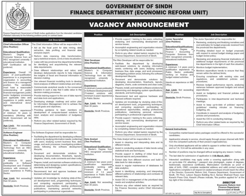 finance department latest new jobs in sindh
