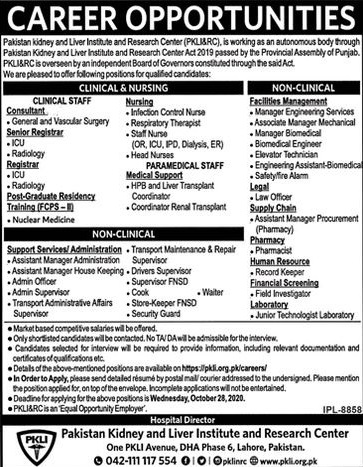  Pakistan Kidney & Liver Institute PKLI Jobs Jobs in Lahore 