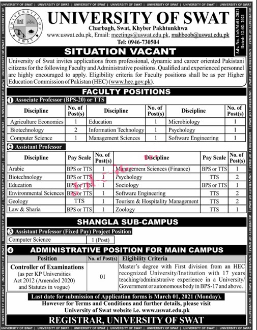 University of Swat Jobs for Teaching Faculty