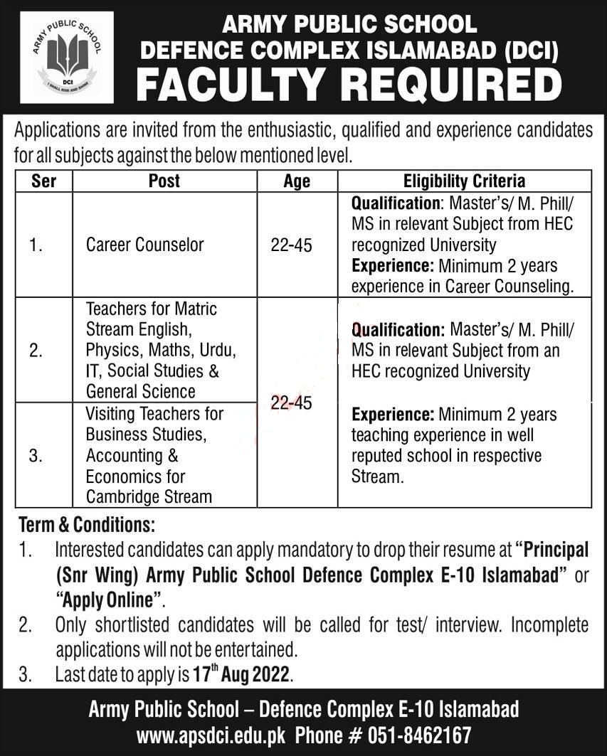 jobs in army public school defence complex islamabad