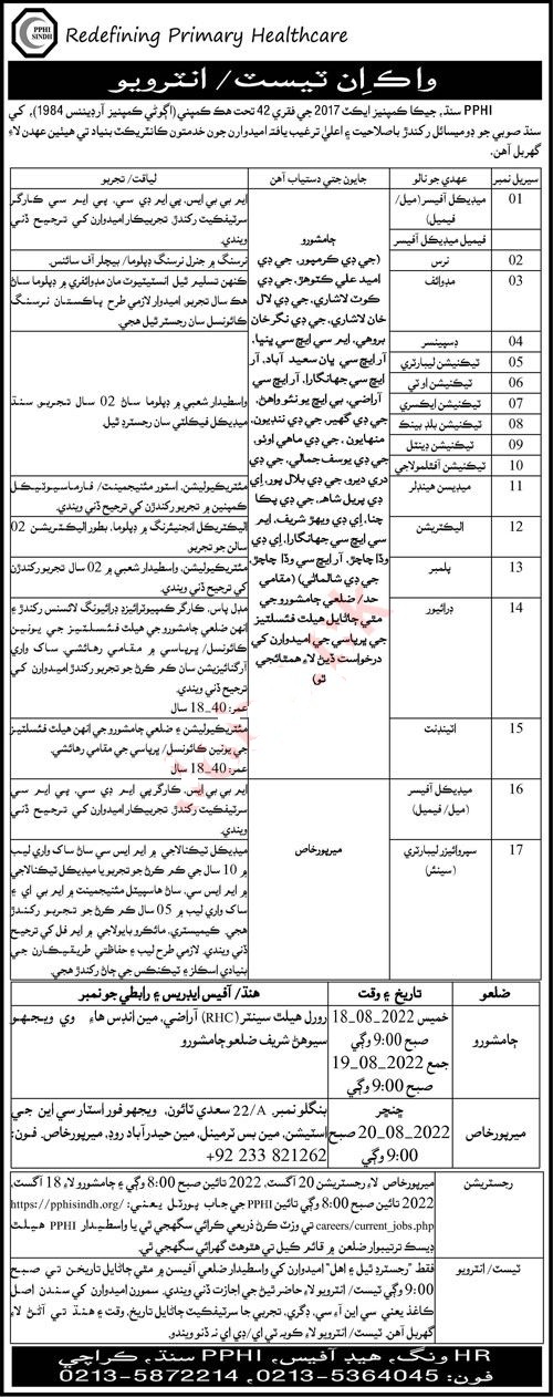 pphi sindh jobs 2022 for technician and medical officer